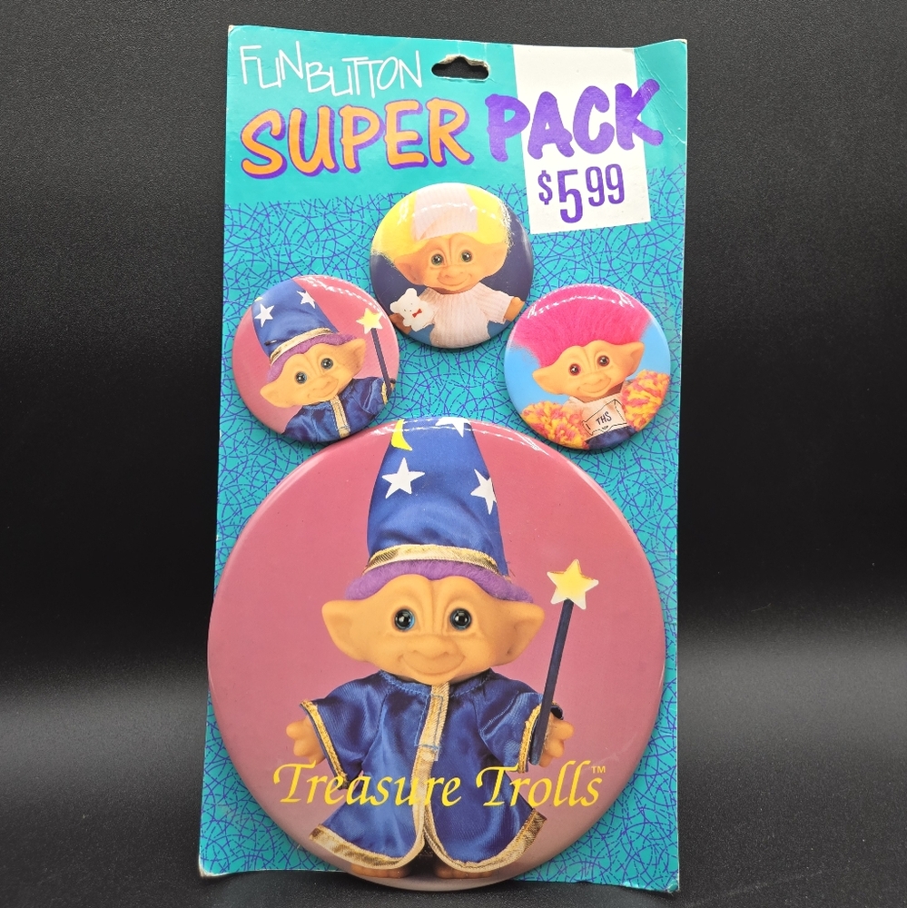 VINTAGE 1992 FUN BUTTON SUPER PACK TREASURE TROLLS BUTTONS